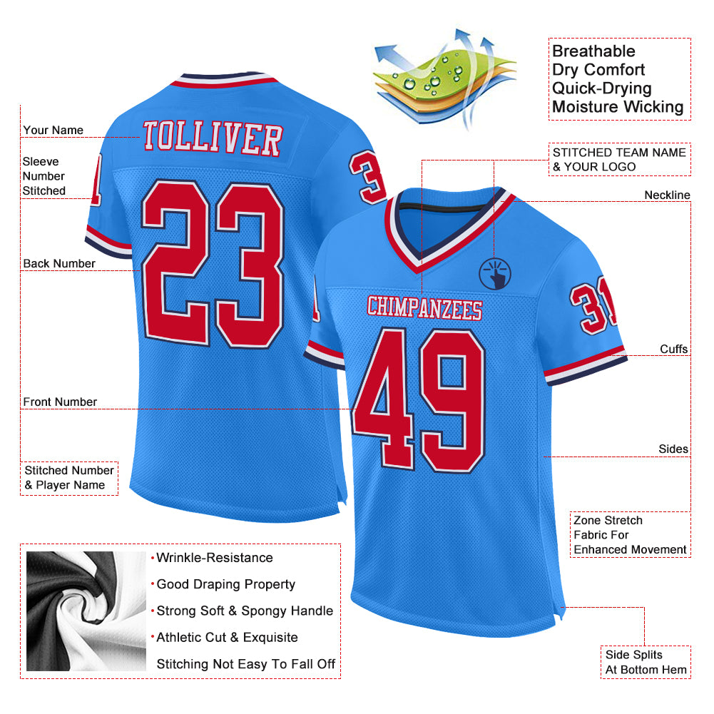 Custom Powder Blue Red-Navy Mesh Authentic Throwback Football Jersey