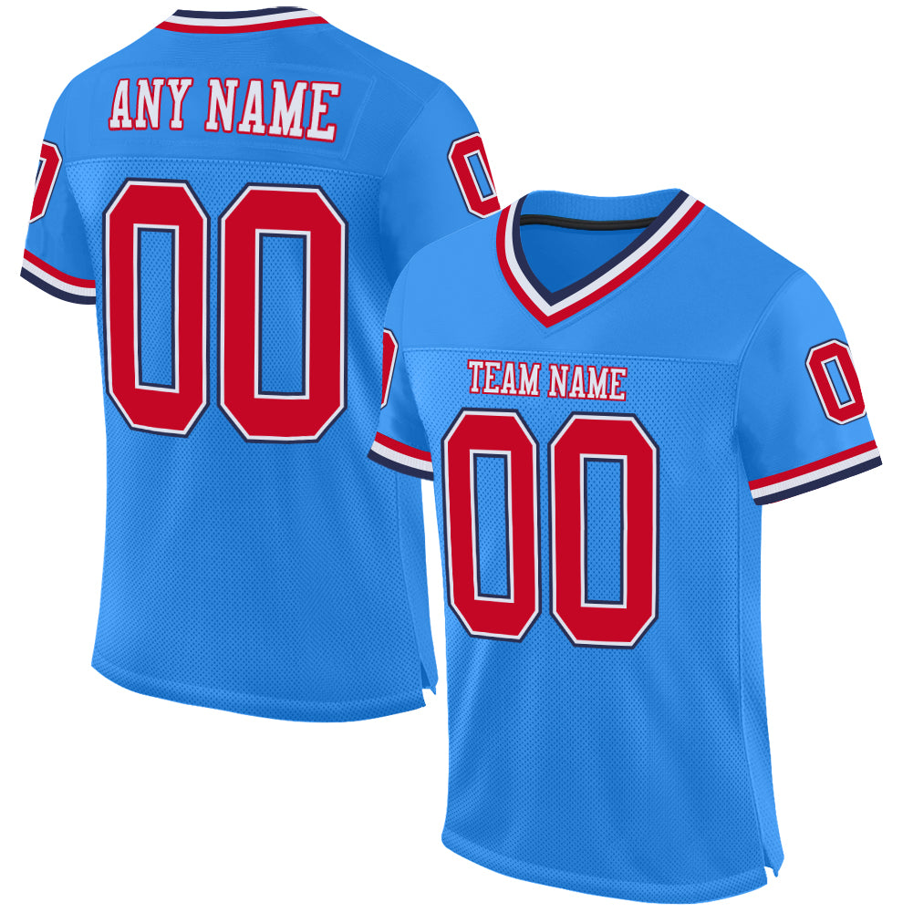 Custom Powder Blue Red-Navy Mesh Authentic Throwback Football Jersey