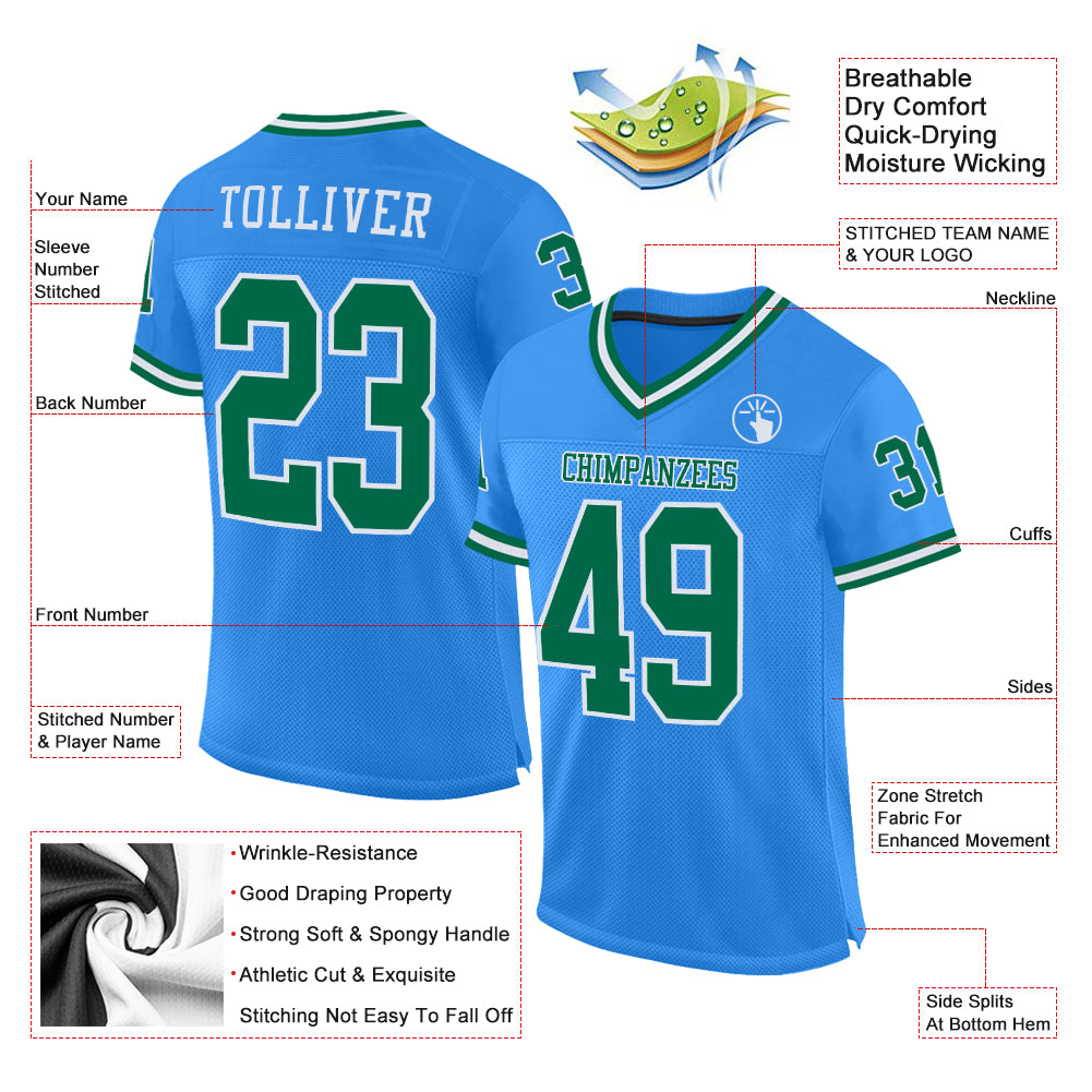 Custom Powder Blue Kelly Green-White Mesh Authentic Throwback Football Jersey