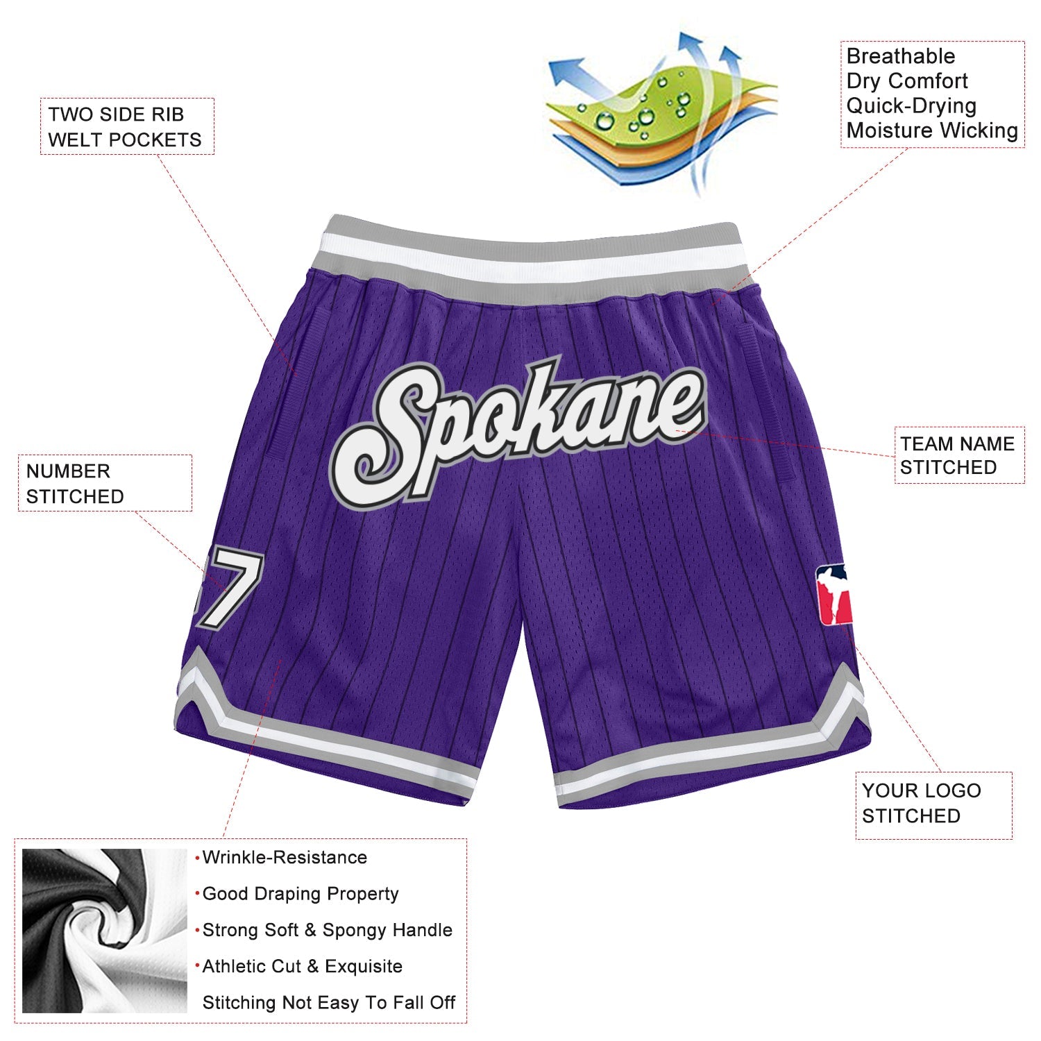 Custom Purple Black Pinstripe White-Gray Authentic Basketball Shorts