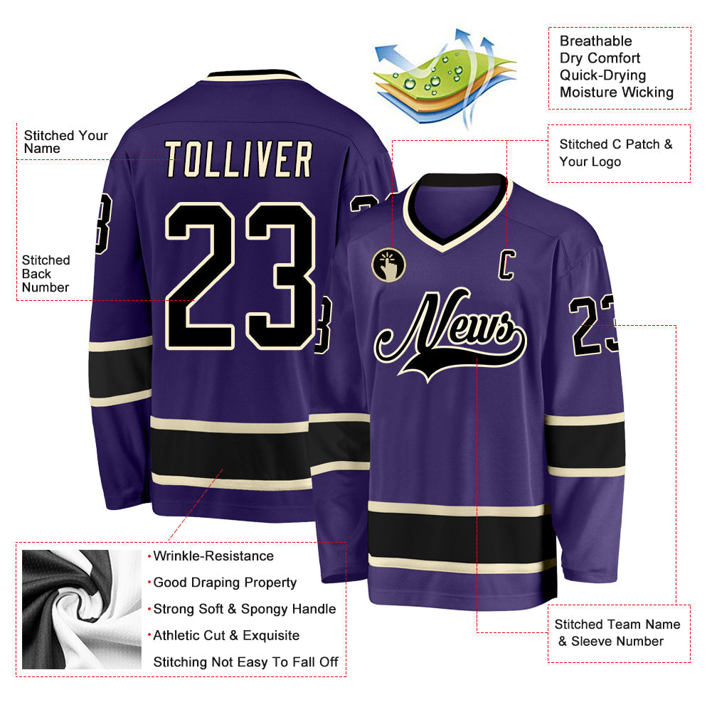 Custom Purple Black-Cream Hockey Jersey
