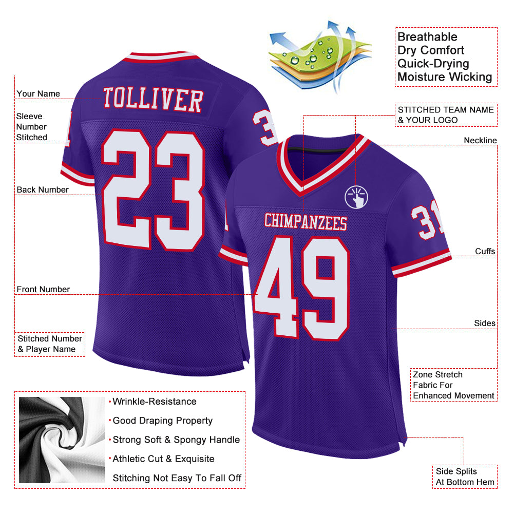 Custom Purple White-Red Mesh Authentic Throwback Football Jersey