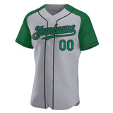 Custom Gray Kelly Green-Black Authentic Raglan Sleeves Baseball Jersey