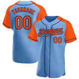 Custom Light Blue Orange-Navy Authentic Raglan Sleeves Baseball Jersey