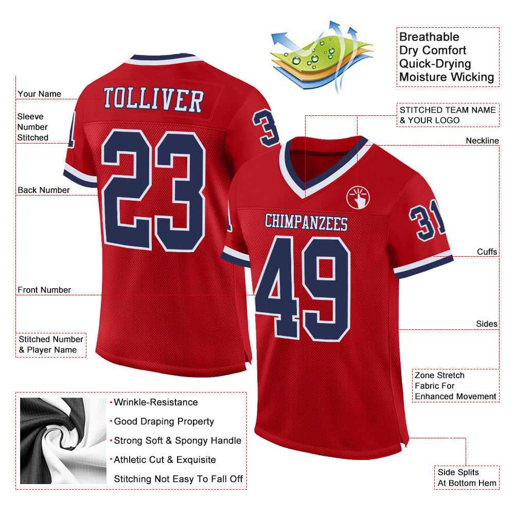 Custom Red Navy-White Mesh Authentic Throwback Football Jersey