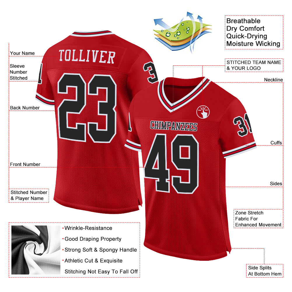 Custom Red Black-White Mesh Authentic Throwback Football Jersey