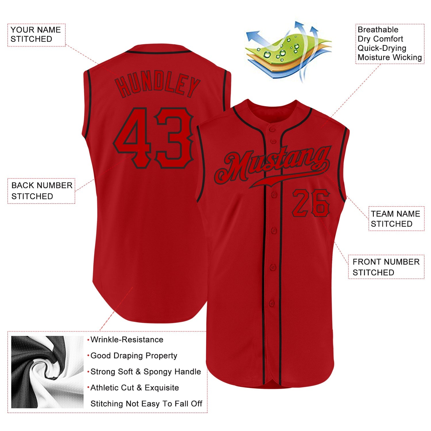 Custom Red Red-Black Authentic Sleeveless Baseball Jersey