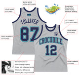 Custom Gray Navy-Teal Authentic Throwback Basketball Jersey