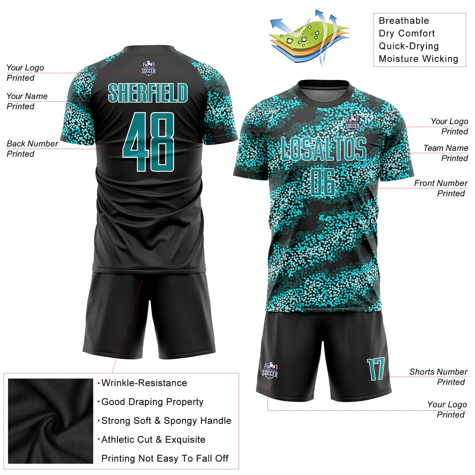 Custom Aqua Aqua-Black Sublimation Soccer Uniform Jersey