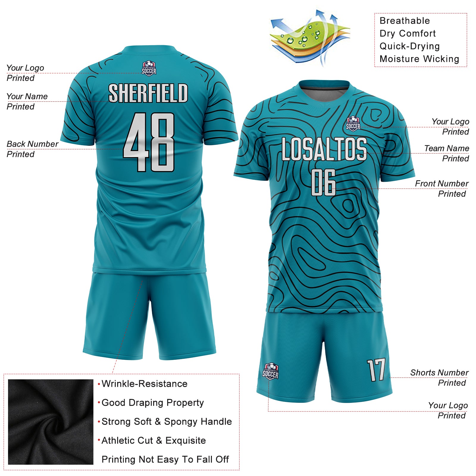 Custom Teal White-Black Green Sublimation Soccer Uniform Jersey