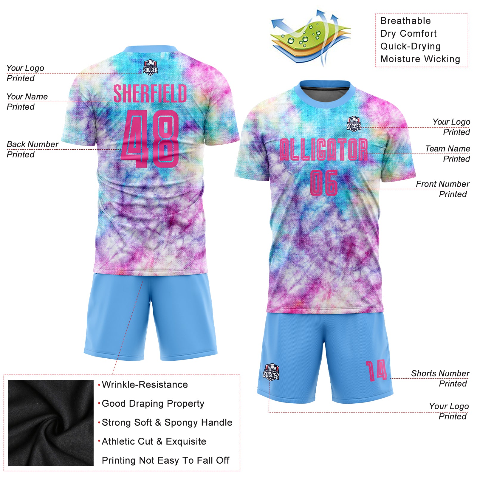 Custom Tie Dye Pink-Light Blue Sublimation Soccer Uniform Jersey