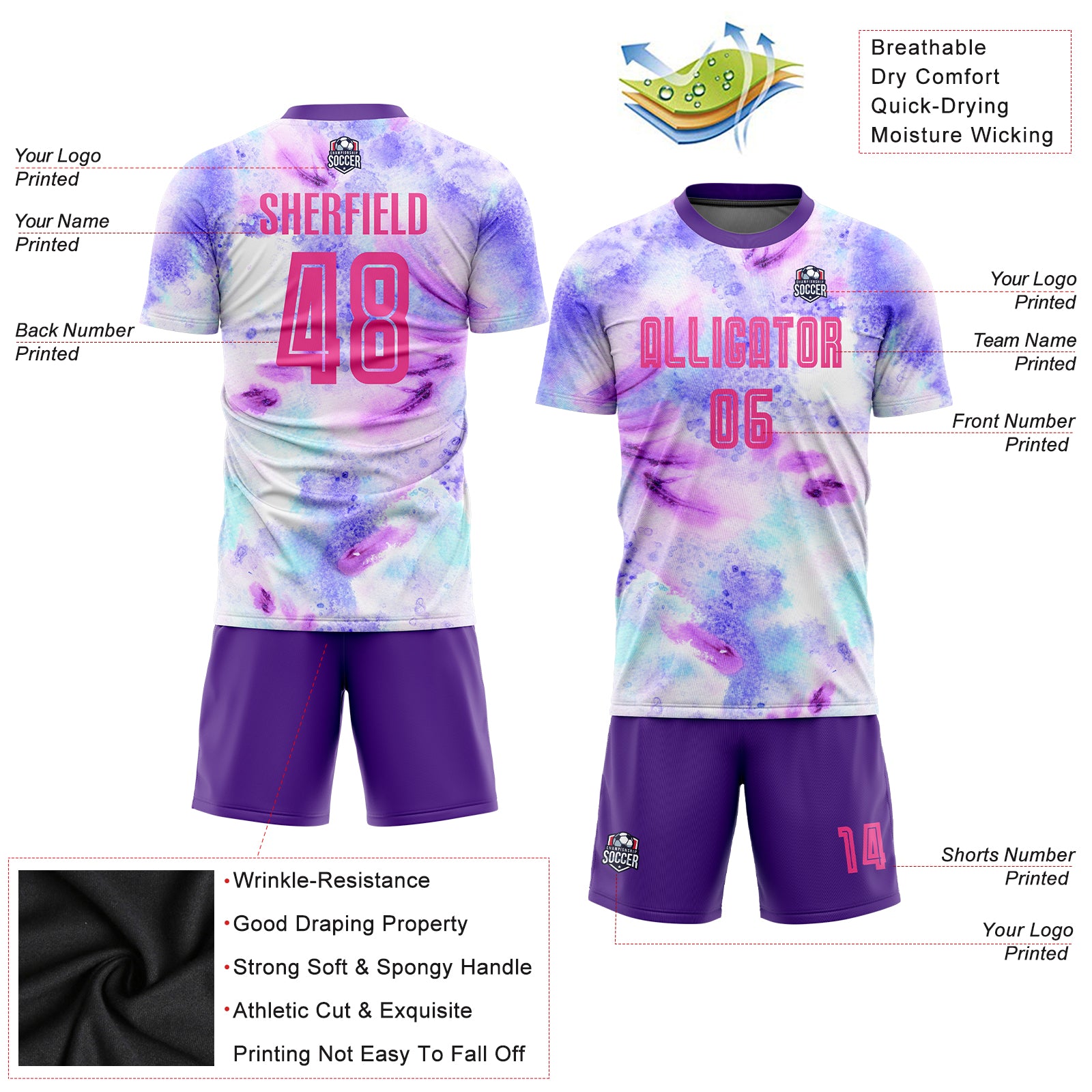 Custom Tie Dye Pink-Purple Sublimation Soccer Uniform Jersey