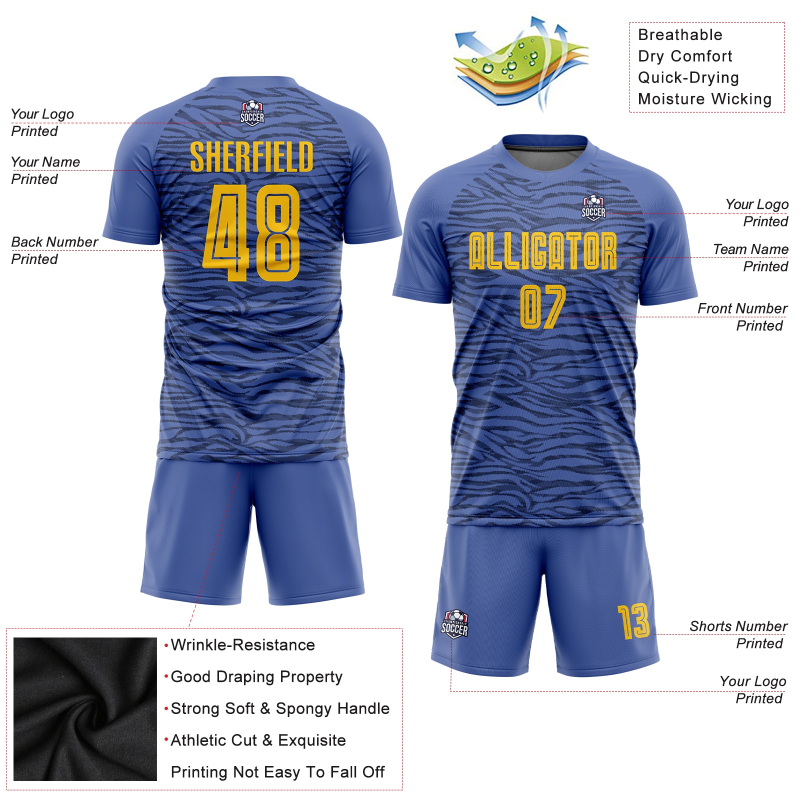 Custom Light Blue Gold-Black Third Sublimation Soccer Uniform Jersey