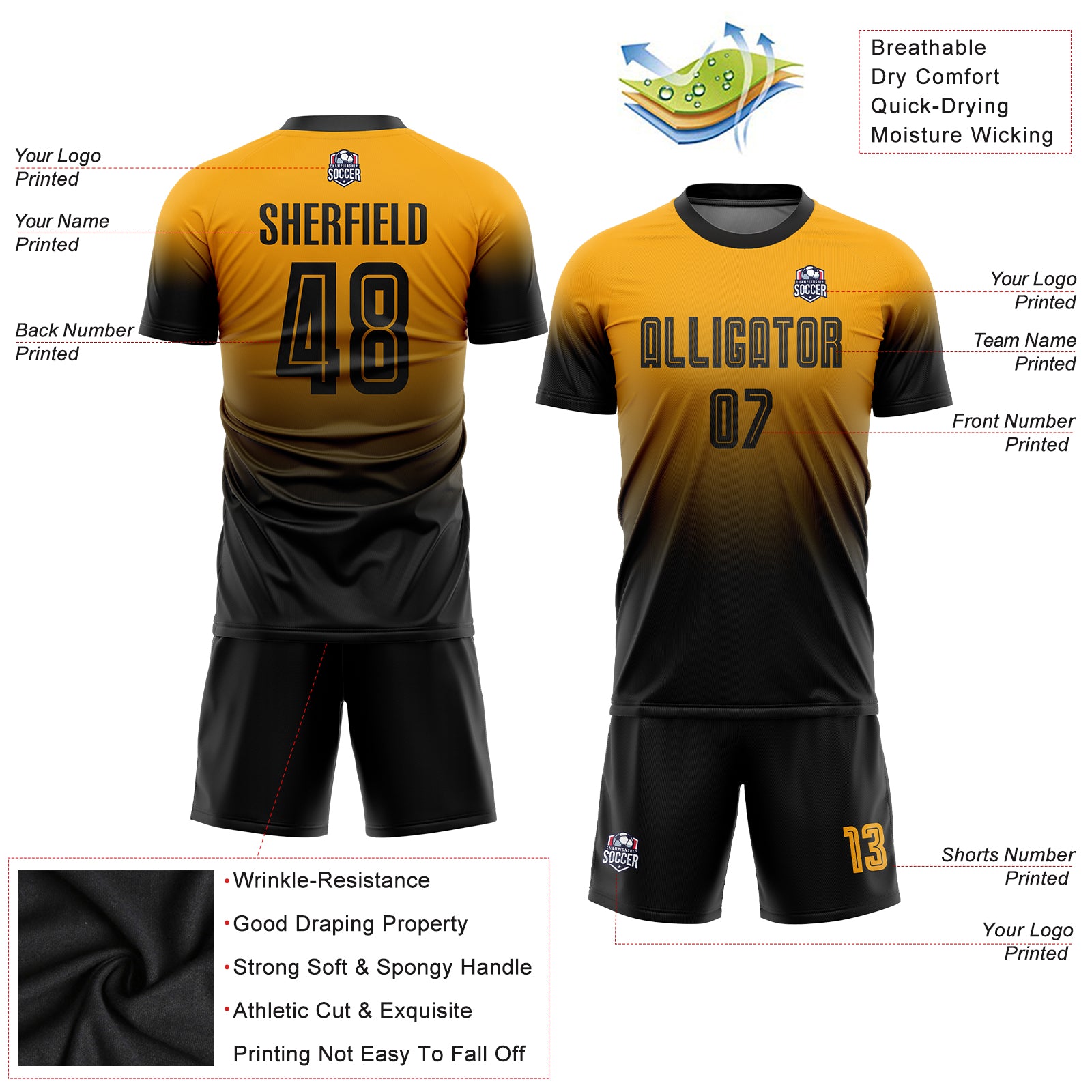 Custom Gold Black Sublimation Fade Fashion Soccer Uniform Jersey