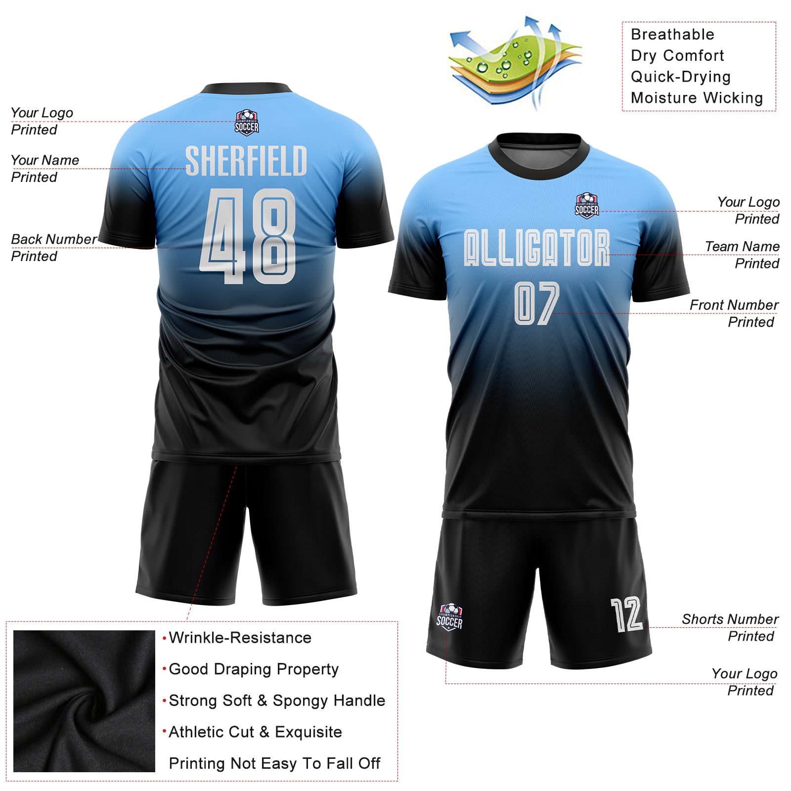Custom Powder Blue White-Black Sublimation Fade Fashion Soccer Uniform Jersey