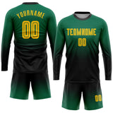 Custom Kelly Green Gold-Black Sublimation Long Sleeve Fade Fashion Soccer Uniform Jersey