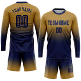 Custom Old Gold Navy Sublimation Long Sleeve Fade Fashion Soccer Uniform Jersey