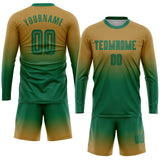 Custom Old Gold Kelly Green Sublimation Long Sleeve Fade Fashion Soccer Uniform Jersey
