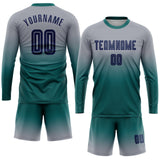 Custom Gray Navy-Aqua Sublimation Long Sleeve Fade Fashion Soccer Uniform Jersey