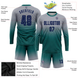 Custom Gray Navy-Aqua Sublimation Long Sleeve Fade Fashion Soccer Uniform Jersey