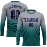 Custom Gray Navy-Aqua Sublimation Long Sleeve Fade Fashion Soccer Uniform Jersey