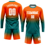 Custom Orange White-Aqua Sublimation Long Sleeve Fade Fashion Soccer Uniform Jersey