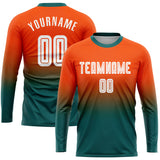 Custom Orange White-Aqua Sublimation Long Sleeve Fade Fashion Soccer Uniform Jersey