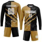 Custom Graffiti Pattern White Black-Old Gold Scratch Sublimation Soccer Uniform Jersey