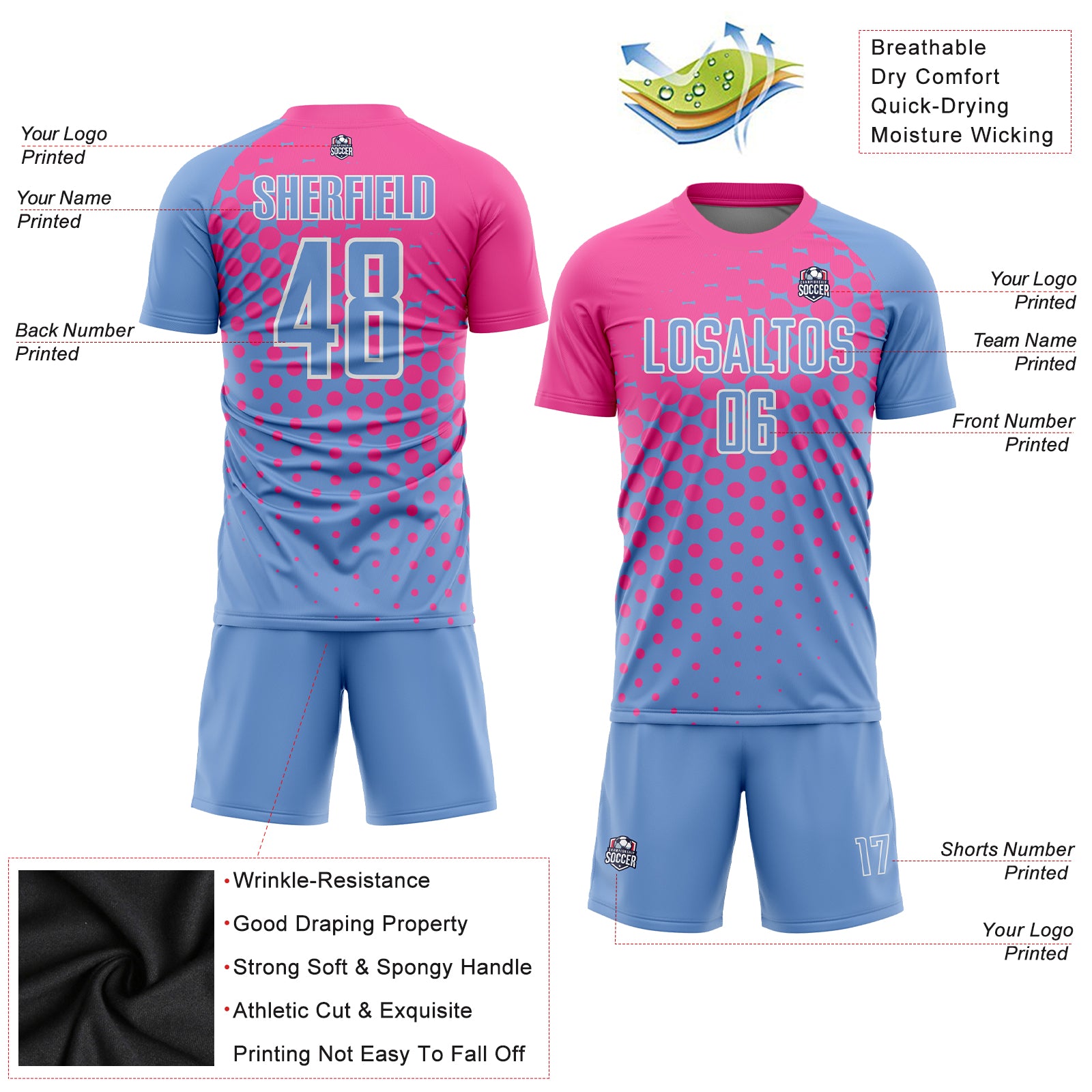 Custom Pink Pink-Black Sublimation Soccer Uniform Jersey Free