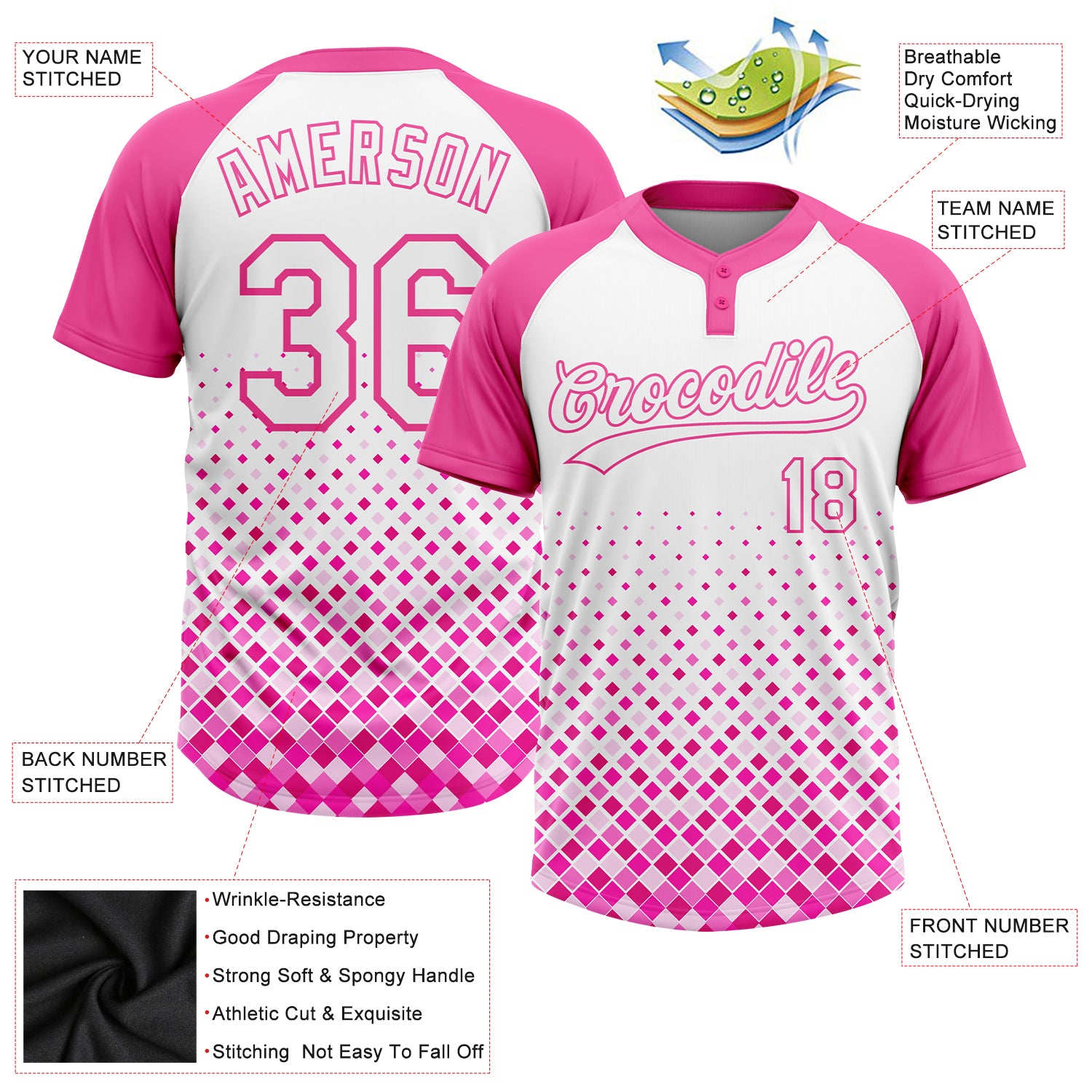 Custom Pink Light Blue-White Two-Button Unisex Softball Jersey Women's Size:S