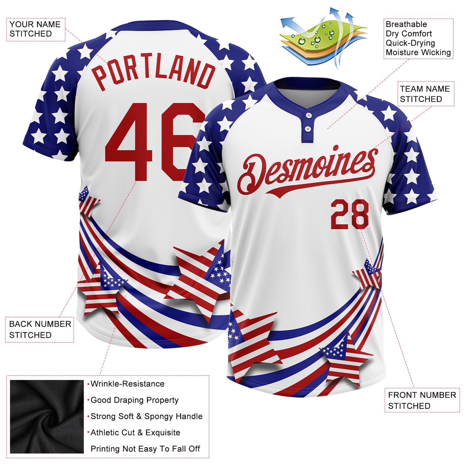 Custom White Red-Navy 3D American Flag Fashion Two-Button Unisex Softball  Jersey Sale – UKSN INC