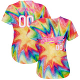 Custom Tie Dye White-Pink 3D Watercolor Rainbow Authentic Baseball Jersey