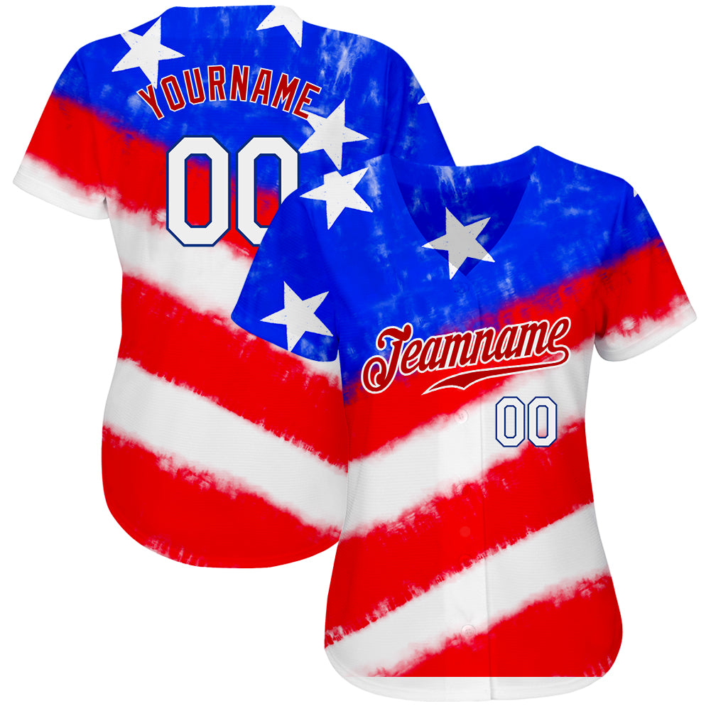 Custom Tie Dye White-Royal 3D American Flag Authentic Baseball Jersey