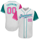 Custom White Pink-Teal Authentic Two Tone Baseball Jersey