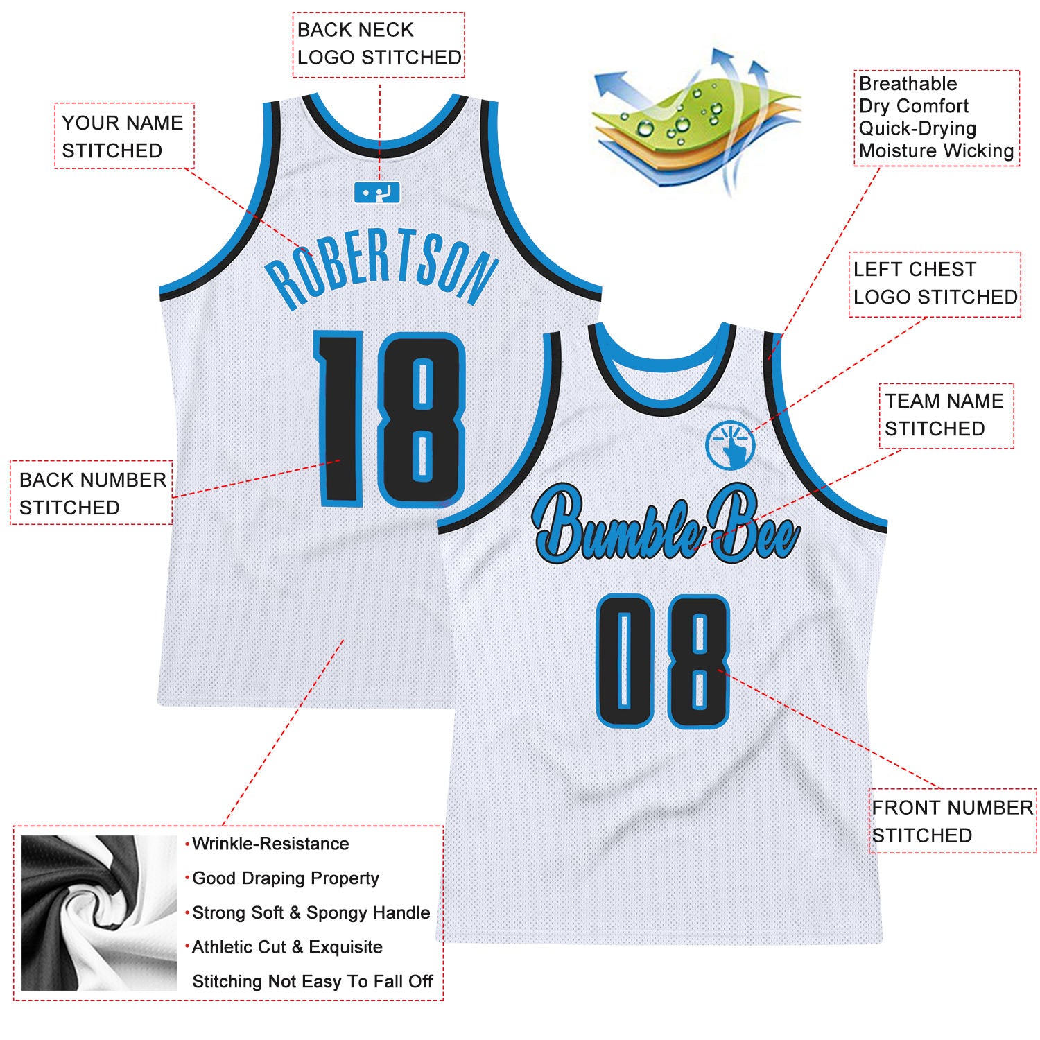 Custom White Black-Blue Authentic Throwback Basketball Jersey