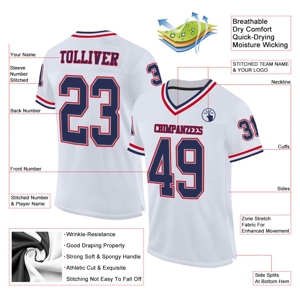 Custom White Navy-Red Mesh Authentic Throwback Football Jersey