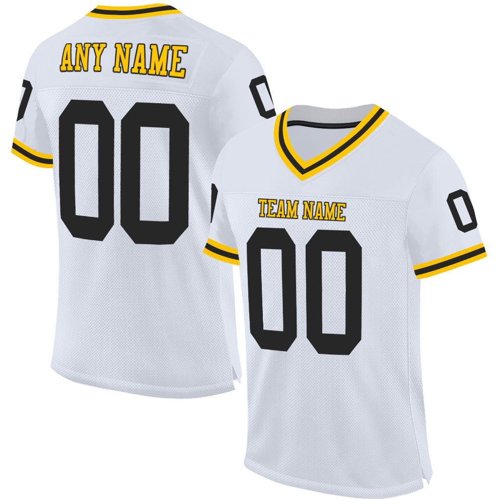 Custom White Black-Gold Mesh Authentic Throwback Football Jersey