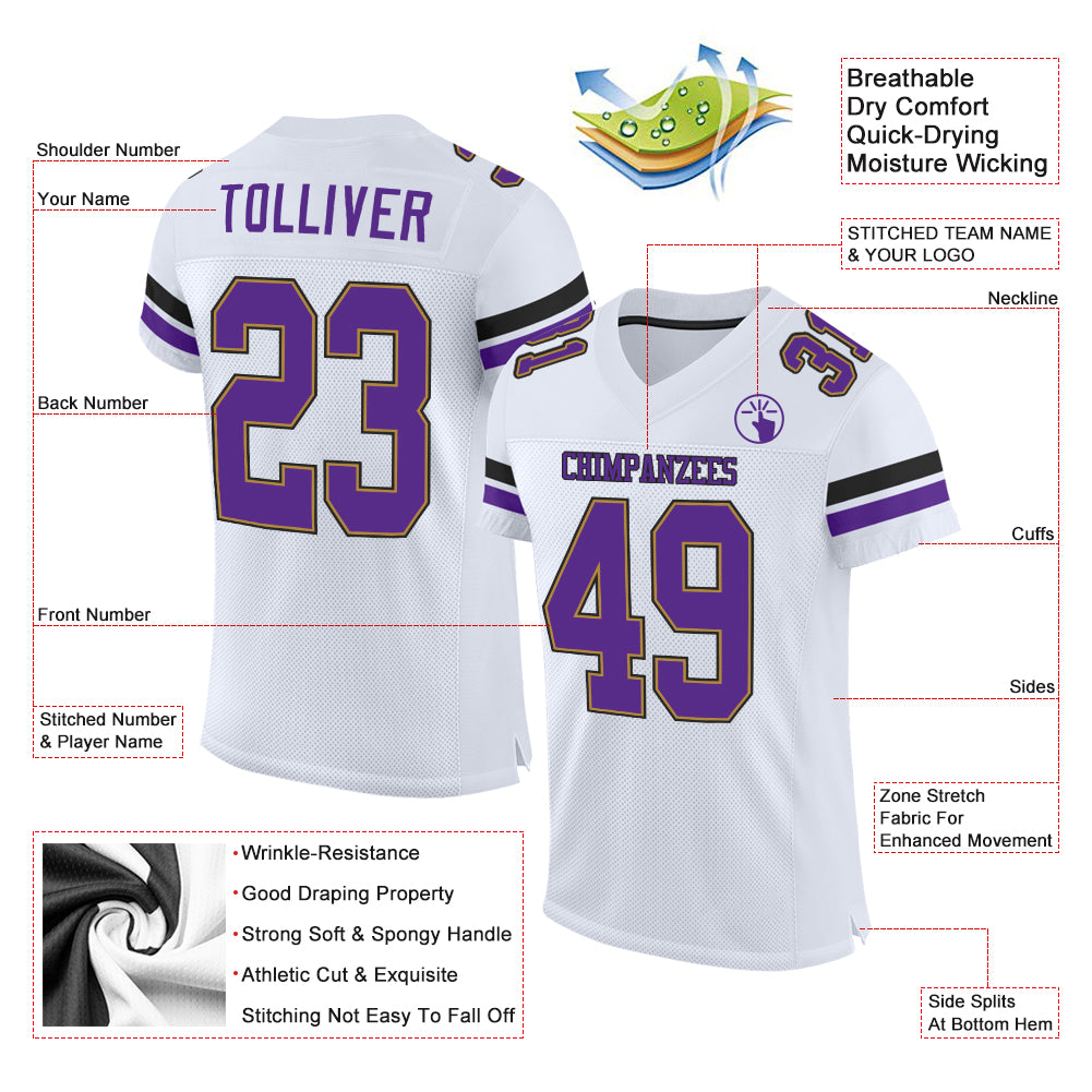 Custom White Purple-Old Gold Mesh Authentic Football Jersey