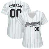 Custom White Teal Pinstripe Black-Gray Authentic Baseball Jersey