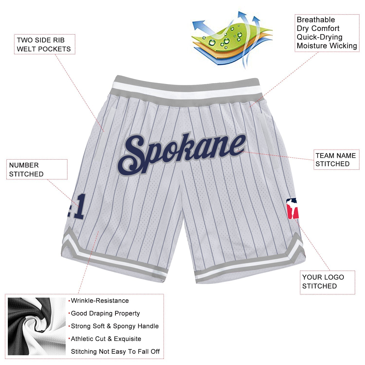 Custom White Navy Pinstripe Navy-Gray Authentic Basketball Shorts