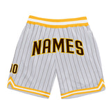 Custom White Brown Pinstripe Brown-Gold Authentic Basketball Shorts