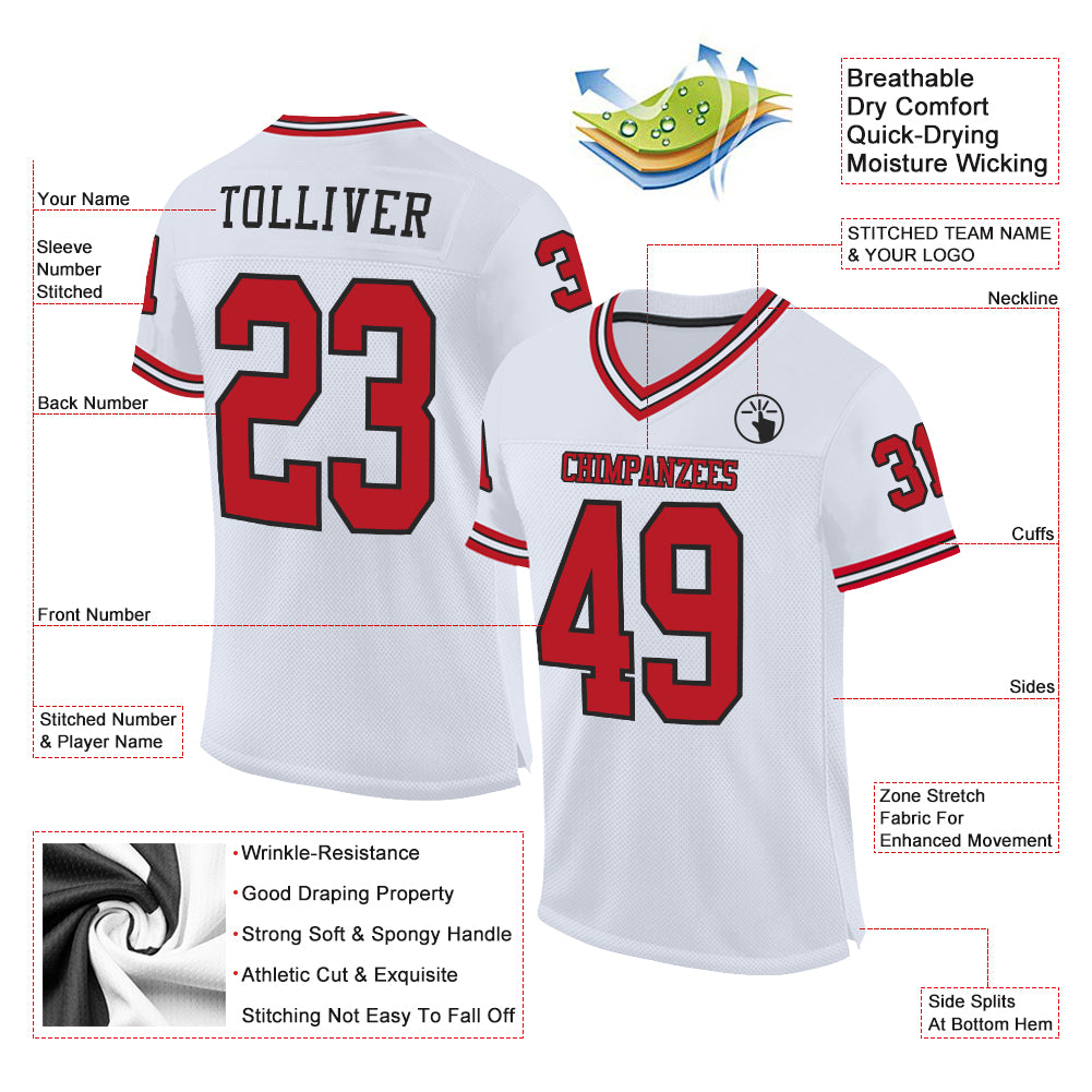 Custom White Red-Black Mesh Authentic Throwback Football Jersey