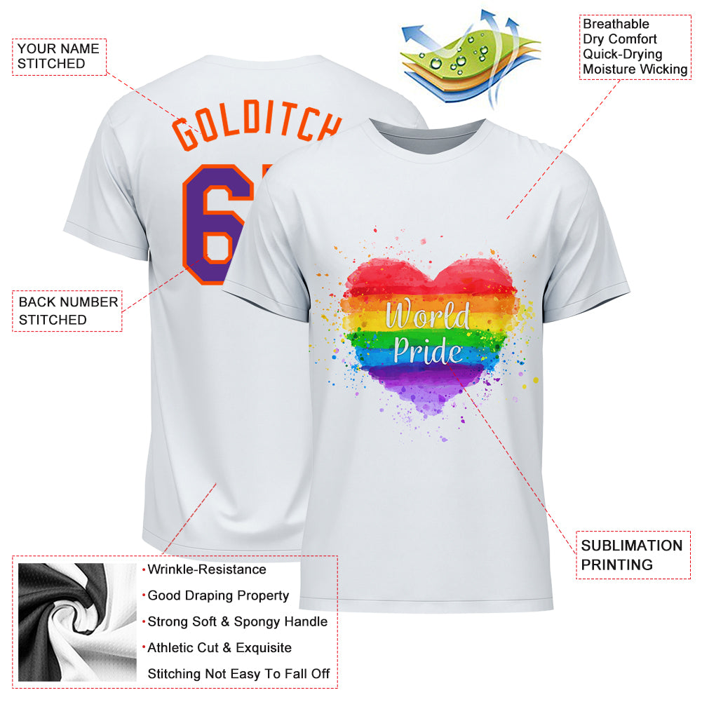 Custom White Purple-Orange Rainbow Colored Heart For World Pride LGBT Performance T-Shirt