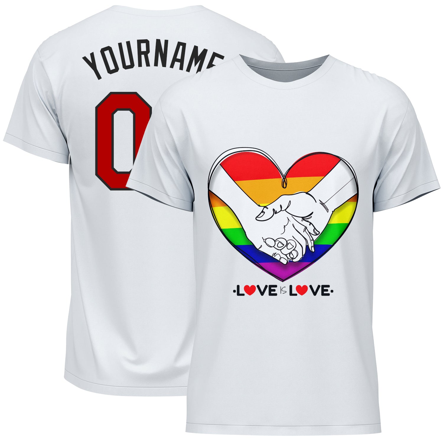 Custom White Gold-Red Rainbow Colored Heart For Pride Month Love Is Love LGBT Performance T-Shirt