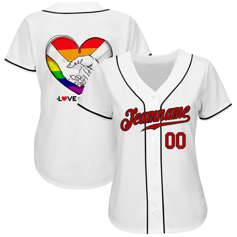 Custom White Red-Black Rainbow Colored Heart For Pride Month Love Is Love LGBT Authentic Baseball Jersey
