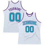 Custom White Teal Pinstripe Teal-Purple Authentic Basketball Jersey