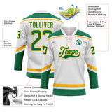 Custom White Kelly Green-Gold Hockey Lace Neck Jersey