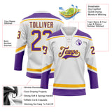 Custom White Purple-Gold Hockey Lace Neck Jersey