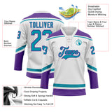 Custom White Teal-Purple Hockey Lace Neck Jersey