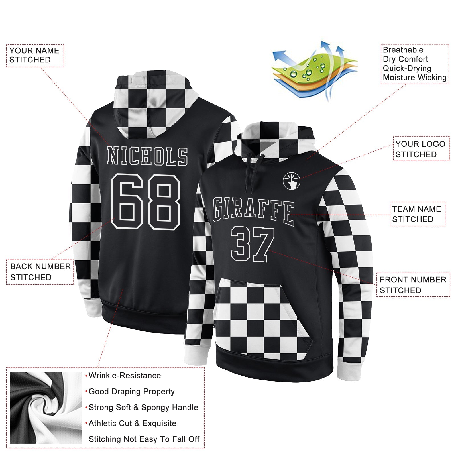 Custom Stitched Black Black-White Sports Pullover Sweatshirt Hoodie